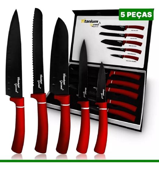 Imagem de Jogo Faca Cozinha Faqueiro Inox Antiaderente Prime 05 Peças Preto e Vermelho