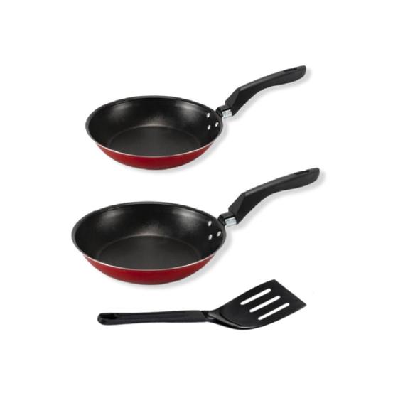 Imagem de Jogo Frigideira Francesa 16cm e 20cm com Espátula Vermelha  Alumi-Aço Linha Premium J4TECH Alumínio Antiaderente Teflon Ultra Resistente 