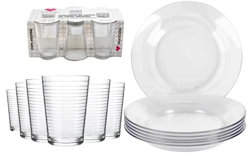 Imagem de Jogo Jantar 12 Peças Pratos Fundos Vidro Liso Resistente