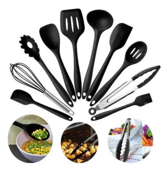 Imagem de Jogo Kit 10 Utensílios Silicone Preto Cozinha Colher Pegador Concha Espátula Pincel