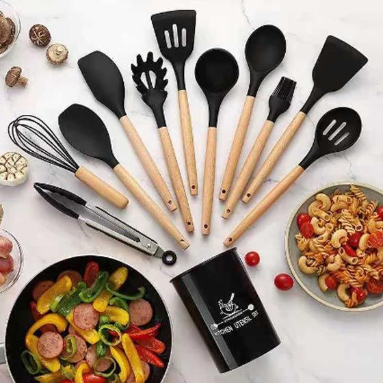 Imagem de Jogo Kit 12 Peças Utensílios De Cozinha De Silicone Cabo Madeira Decoração Livre BPA