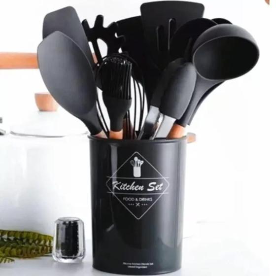 Imagem de Jogo Kit C/12 Peças Utensílios De Cozinha em Silicone Colheres Espátula Cabo Madeira