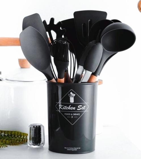 jogo kit colheres de silicone cabo de madeira 12 peças utensilios cozinha - Dona Fulô Imagem de jogo kit colheres de silicone cabo de madeira 12 peças utensilios cozinha