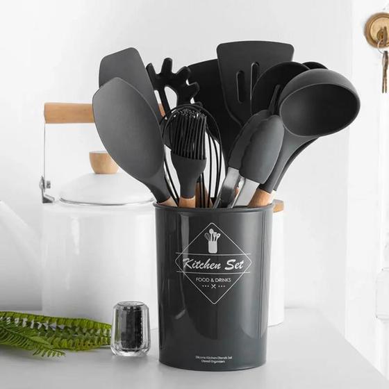 Imagem de Jogo Kit Com 12 Peças Utensílios De Cozinha Colheres Espatulas Pegador Silicone Copo Suporte