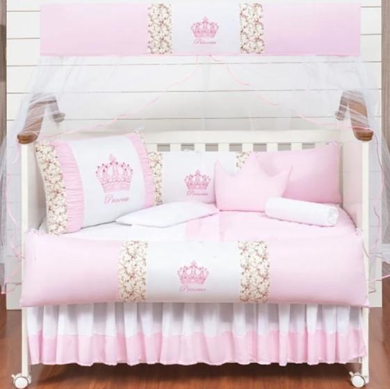 Imagem de Jogo kit de berço menina coroa 11 peças com edredom rosa