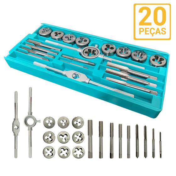Imagem de Jogo Kit Macho e Tarracha Femea Maleta 20 Pcs Tarraxa Cossinete Abre Rosca Interna e Externa Vira Macho