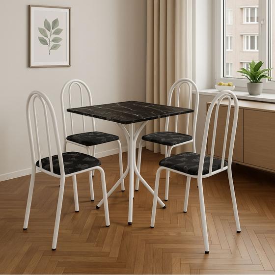 Imagem de Jogo Kit Mesa Pequena Quadrada Tampo Madeira MDP e 4 Cadeiras Aço Assento Estofado Para Sala Jantar Casa Apartamento Pequeno Compacto