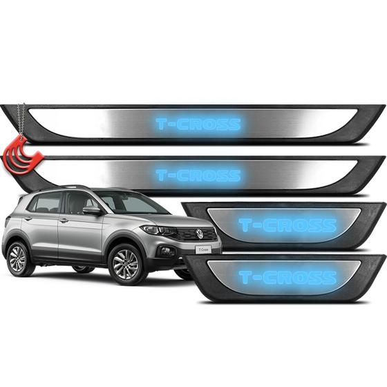 Imagem de Jogo Kit Soleiras 4 Portas Volkswagen Tcross  Protetora Iluminada Luz Led com Aço Escovado Adesiva