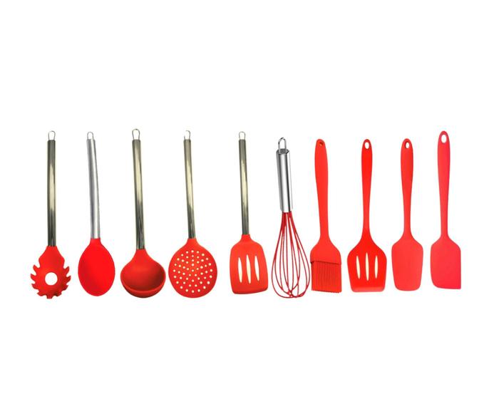Jogo kit utensilios para cozinha em silicone vermelho com 10 peças Menor preço em Jogo kit utensilios para cozinha em silicone vermelho com 10 peças