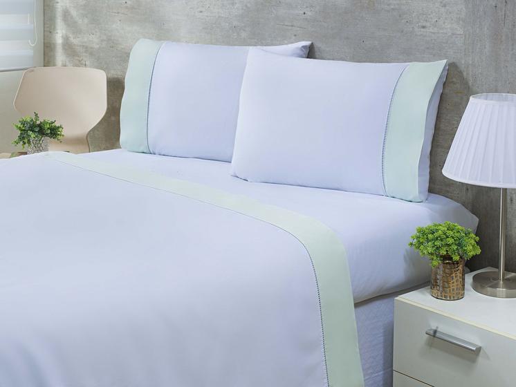 Imagem de Jogo Lençol 4 Peças Cama Casal Padrão 1,88mx1,38mx40cm 100% Algodão 200 Fios Ponto Palito Verde Água