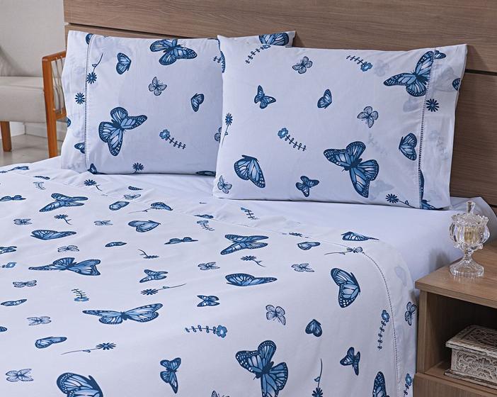 Imagem de Jogo Lençol 4 Peças Cama Viúva 1,88mx1,28mx25cm 100% Algodão 180 Fios Borboletas Azul