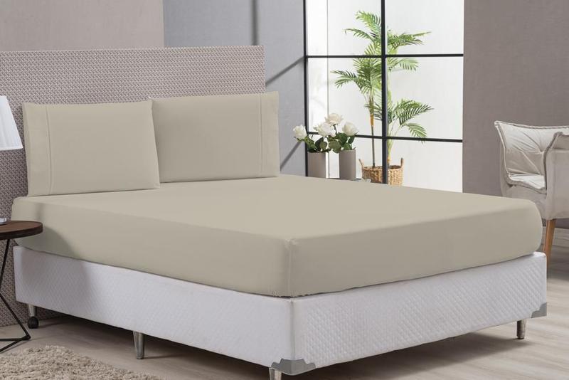 Imagem de Jogo Lençol Cama Casal Padrão 80% Algodão Bege Elástico