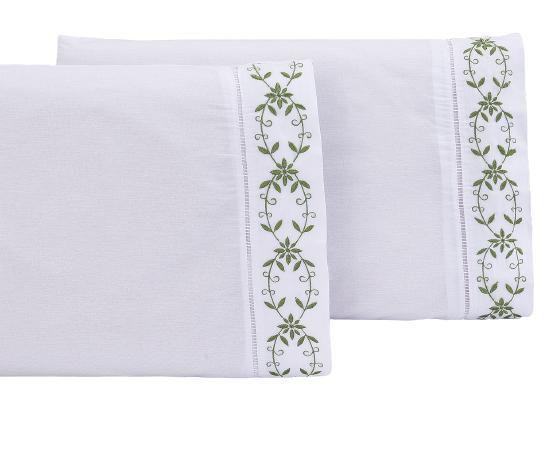 Imagem de Jogo lençol Padrão casal bordado 3 peças branco Verde veneza