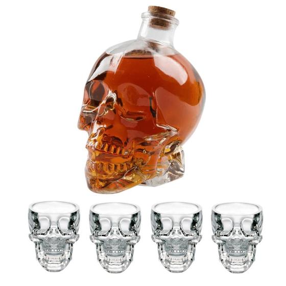 Imagem de Jogo Licoreira Garrafa e 4 Copos Para Shot em Vidro Transparente Caveira Cranio Bebida Bar 