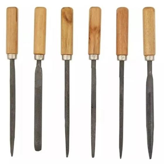 Imagem de Jogo lima agulha kit 6 com cabo madeira afiar triangular redonda multiuso ourives reparo