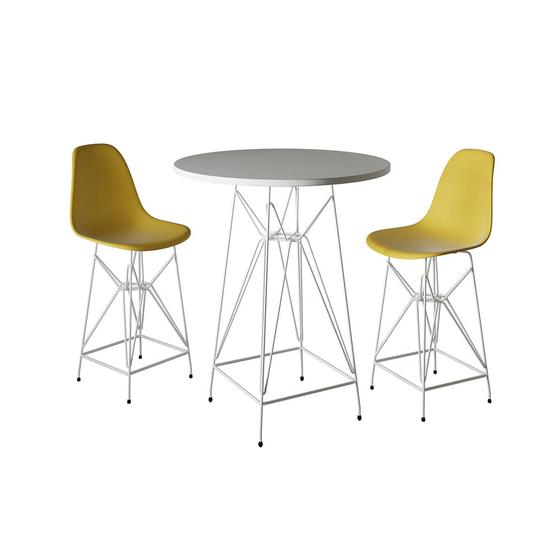 Imagem de Jogo Mesa Bistrô Eames Branca 60cm 2 Banquetas Amarela Base Ferro Branco