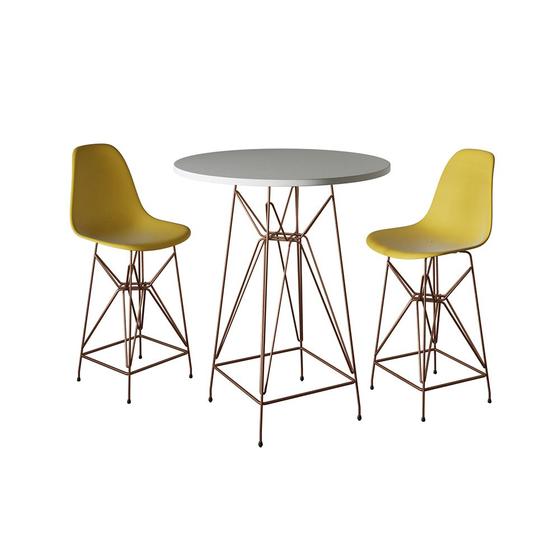 Imagem de Jogo Mesa Bistrô Eames Branca 60cm 2 Banquetas Amarela Base Ferro Cobre