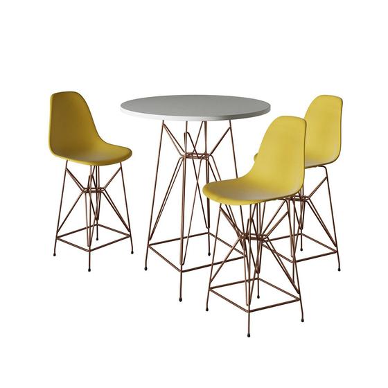 Imagem de Jogo Mesa Bistrô Eames Branca 60cm 3 Banquetas Amarela Base Ferro Cobre