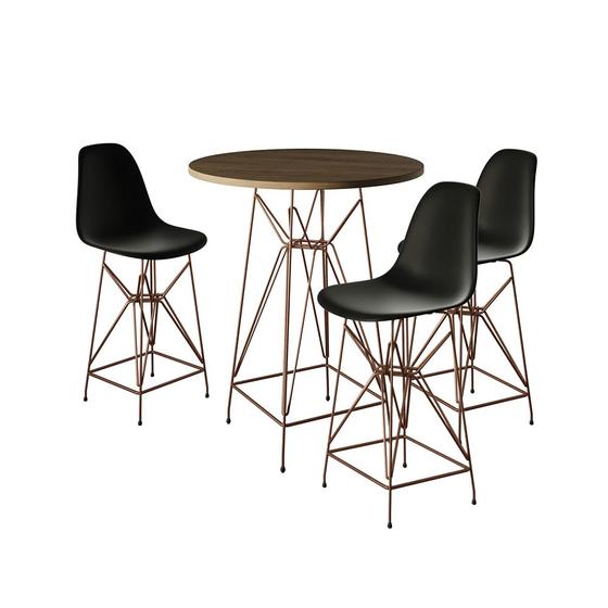 Imagem de Jogo Mesa Bistrô Eames Eiffel Amêndoa 60cm 3 Banquetas Preta Base Ferro Cobre