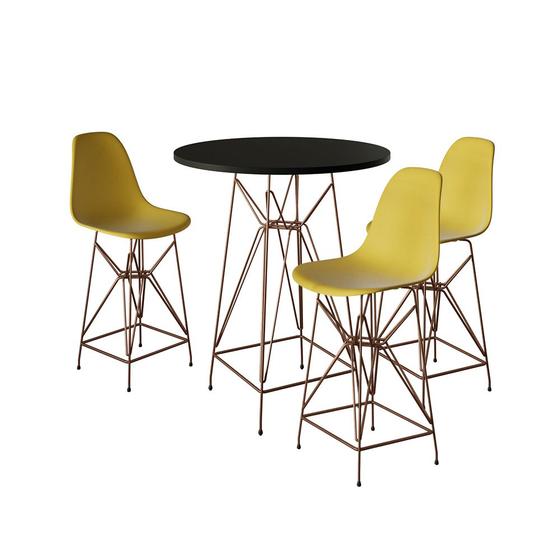 Imagem de Jogo Mesa Bistrô Eames Preta 60cm 3 Banquetas Amarela Base Ferro Cobre