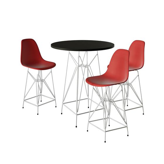 Imagem de Jogo Mesa Bistrô Eames Preta 60cm 3 Banquetas Vermelha Base Ferro Branco