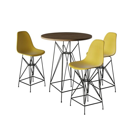 Imagem de Jogo Mesa Bistrô Eames Tampo Amêndoa 60cm 3 Banquetas Amarela Base Ferro Preto