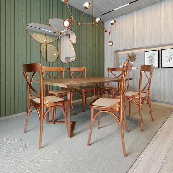 Imagem de Jogo Mesa de Jantar Industrial Alice Imbuia com 6 Cadeiras em Aço Katrina Cobre Assento Corano Bege