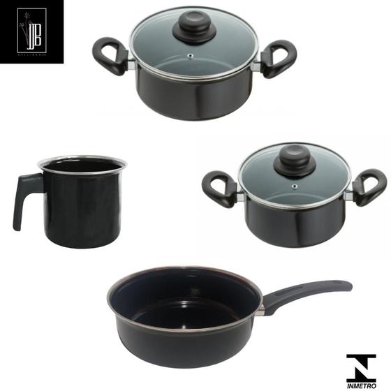 Jogo Panelas 4 peças Preto Indução Cooktop á gás Elétrico a Lenha Menor preço em Jogo Panelas 4 peças Preto Indução Cooktop á gás Elétrico a Lenha