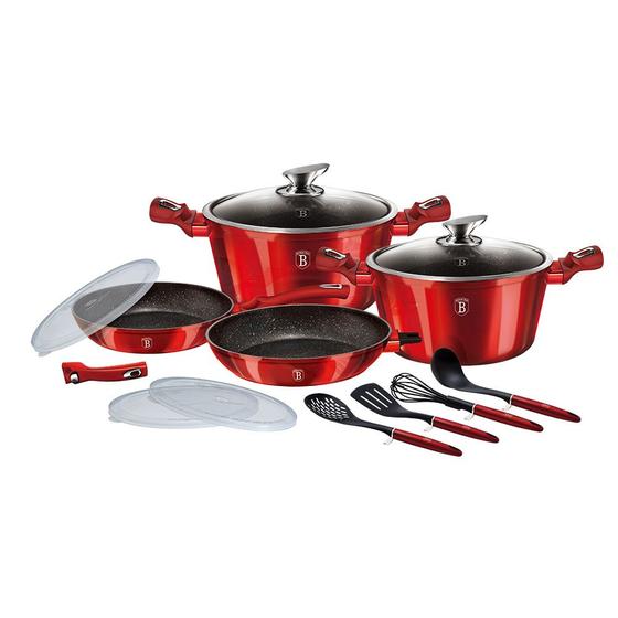 Imagem de Jogo Panelas Antiaderente Fogão indução Tampa Vidro Temperado Utensílios Cozinha 13 Peças - Berlinger Haus