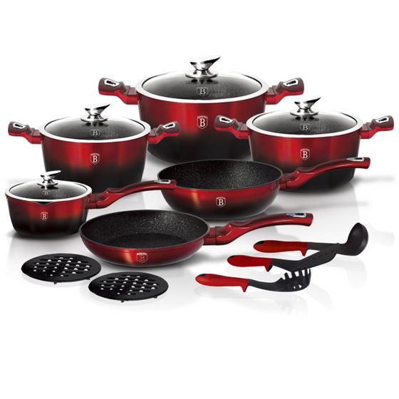 Jogo panelas e utensílios 15 peças Burgundy Berlinger Haus Antiaderente Aço Inox Frigideira Caçarola Fogão a Gas e Indução Forno Tampa de Vidro Menor preço em Jogo panelas e utensílios 15 peças Burgundy Berlinger Haus Antiaderente Aço Inox Frigideira Caçarola Fogão a Gas e Indução Forno Tampa de Vidro