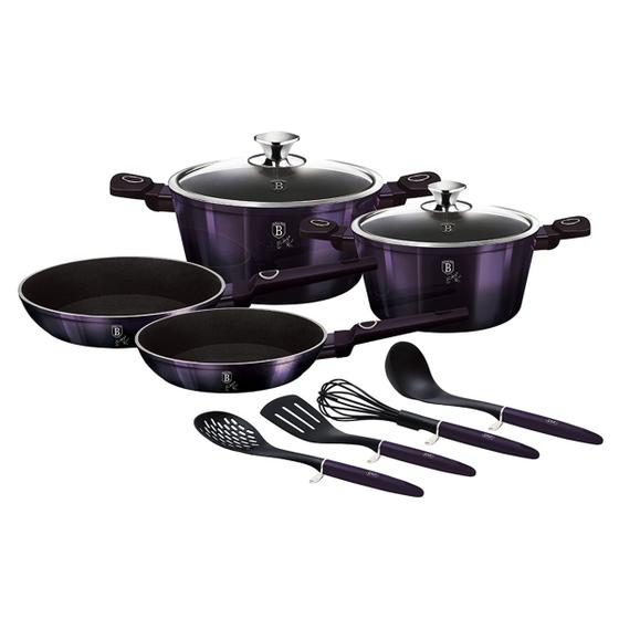 Imagem de Jogo Panelas Tripla Camada de Marmore e Utensílios 10 peças Purple Berlinger Haus Kit Acessorios de Cozinha Antiaderente Tampa de Vidro