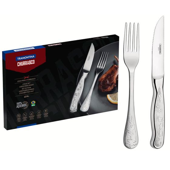 Imagem de Jogo para Churrasco Tramontina Classic em Aço Inox Jumbo Cabo com Desenhos em Alto Relevo 12 Peças