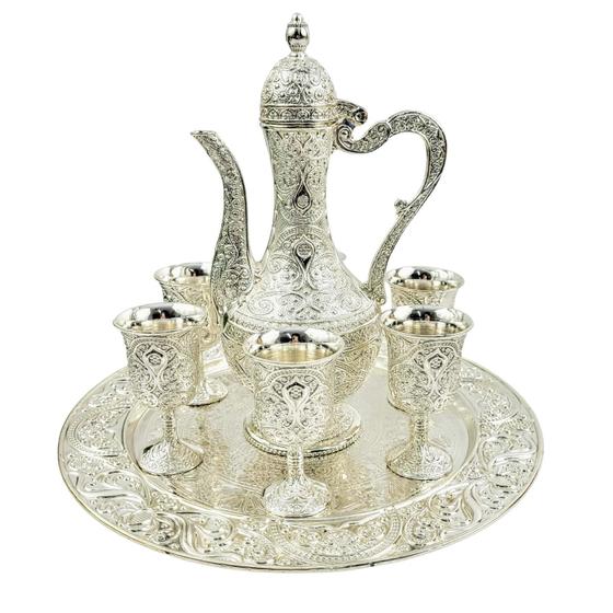 Imagem de Jogo Para Vinho Prata Decorativo 8Pc 24Cm Prato Taça Jarra