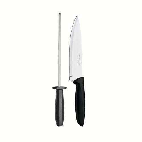Imagem de Jogo Plenus com 1 Faca de Chef 7'' e 1 Chaira 8'' em Aço Inox com Cabo em Plástico Preto - Tramontina