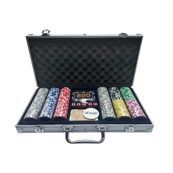 Imagem de Jogo Poker Completo Carta Baralho Dados 300/500 Fichas Coloridas Numeradas Maleta De Transporte