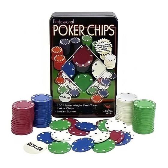 Imagem de Jogo Poker Profissional Luxo Em Lata Com 100 Fichas e Dealer