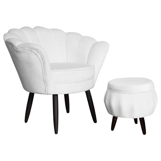 Imagem de Jogo Poltrona Estofada Com 1 Puff Pés Palito Clínica Pétala Suede Branco - LM DECOR
