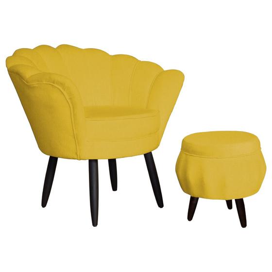Imagem de Jogo Poltrona Estofada Com 1 Puff Pés Palito Clínica Pétala Suede Mostarda - DL Decor
