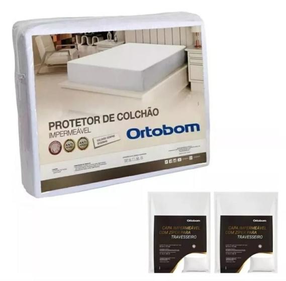 Imagem de Jogo Protetor De Colchão Casal Impermeável 3 Peças Com Elástico Ortobom Fácil Lavagem Sem Barulho Original
