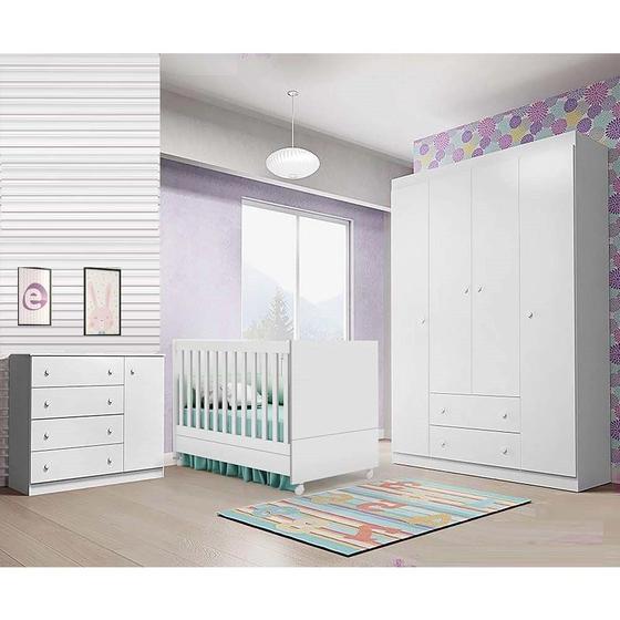 Imagem de Jogo Quarto de Bebê com Guarda Roupa 4 Portas + Cômoda Sapateira + Berço Mini Cama Padrão Americano