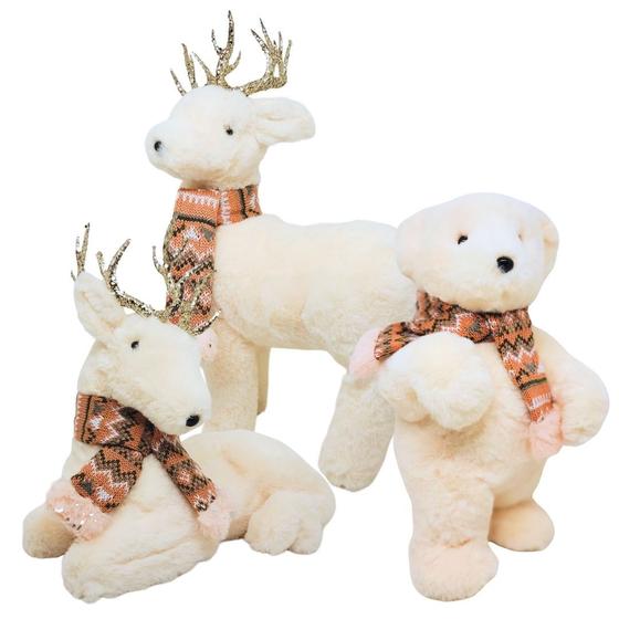 Imagem de Jogo Renas e Urso Decorativo Natal Pelúcia Creme Cachecol Crochê Rosê 37cm - Master Christmas