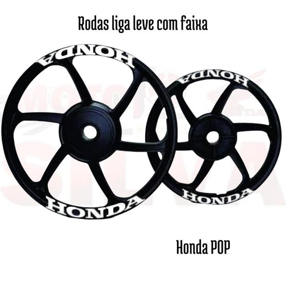 Imagem de Jogo Rodas liga leve pretas Pop 100/110 (a tambor 6 pontas) + faixas Honda