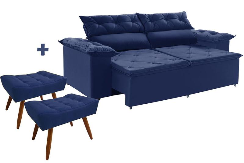 Imagem de Jogo sofá com 2 Puffs Compact retrátil reclinável 200 cm Molas Espirais Azul Ws Estofados