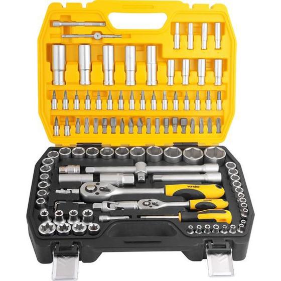 Jogo soquete ponteira encaixe 1/4"e 1/2" com catraca 108 peças - Vonder Menor preço em Jogo soquete ponteira encaixe 1/4"e 1/2" com catraca 108 peças - Vonder