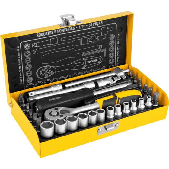 Imagem de Jogo soquete sextavado e bits ponteiras encaixe 1/4" 4-13mm cromo vanádio com 33 peças estojo - Vonder