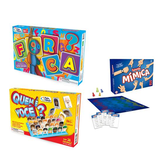 Jogo Tabuleiro Forca + Quem é Você Cara a Cara + Mimicas - Pais e Filhos Menor preço em Jogo Tabuleiro Forca + Quem é Você Cara a Cara + Mimicas - Pais e Filhos