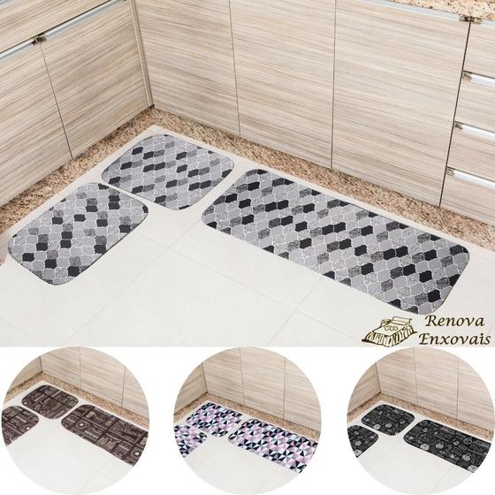 Jogo Tapete De Cozinha Kit 3 Peças Antiderrapante Conjunto Passadeira e Trilho Estampado Menor preço em Jogo Tapete De Cozinha Kit 3 Peças Antiderrapante Conjunto Passadeira e Trilho Estampado