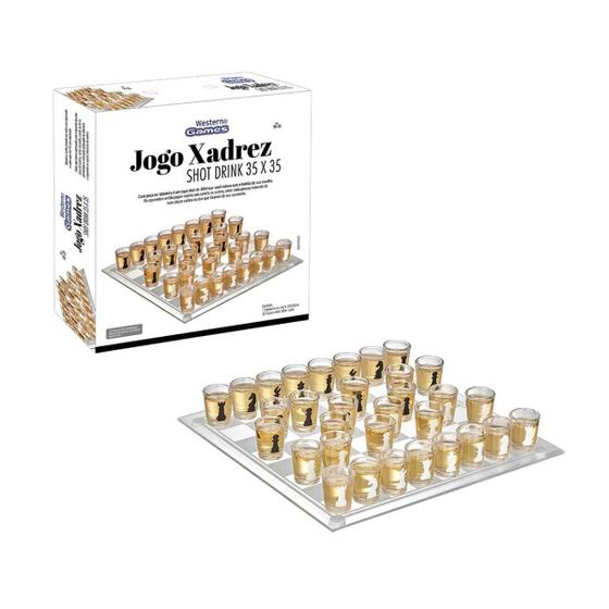 Imagem de Jogo Xadrez Shot Drink Tabuleiro De Vidro Tequila 35x35cm