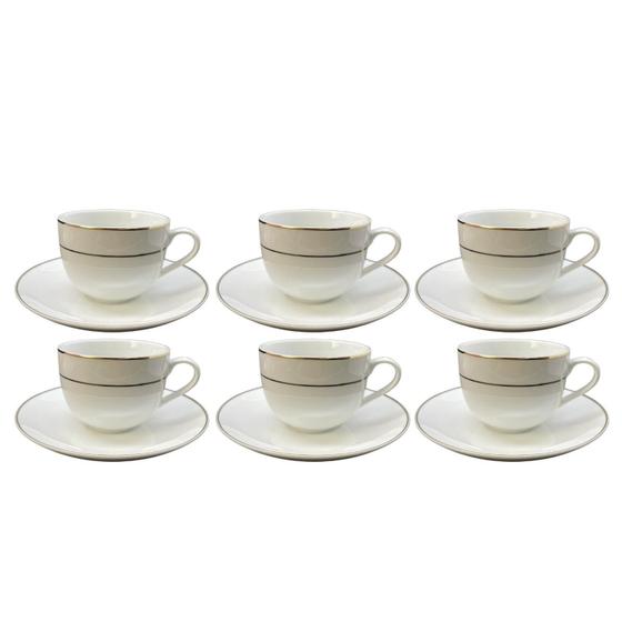 Imagem de Jogo Xicaras De Café Com Pires 90Ml Kit 6 Pcs Borda Dourada