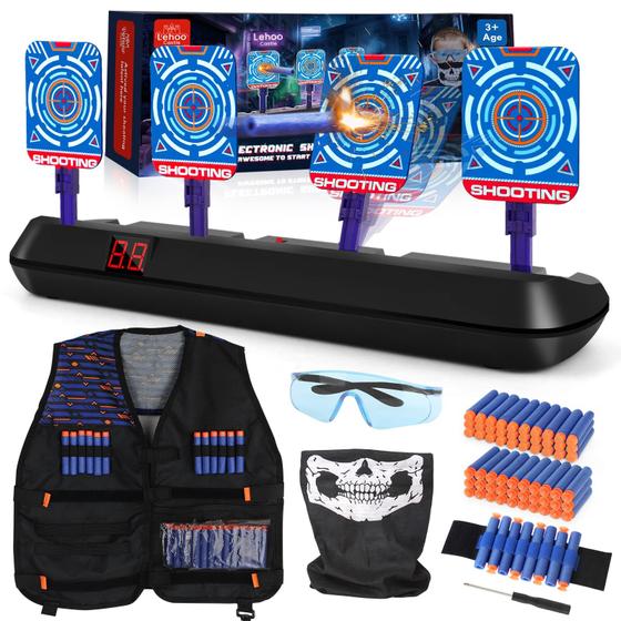 Imagem de Jogos de tiro Lehoo Castle para crianças, 4 alvos Nerf para praticar tiro, reinicialização automática de alvos eletrônicos, colete, óculos, bandanas, pulseiras, presente ideal para meninos e meninas de 3 a 13 anos